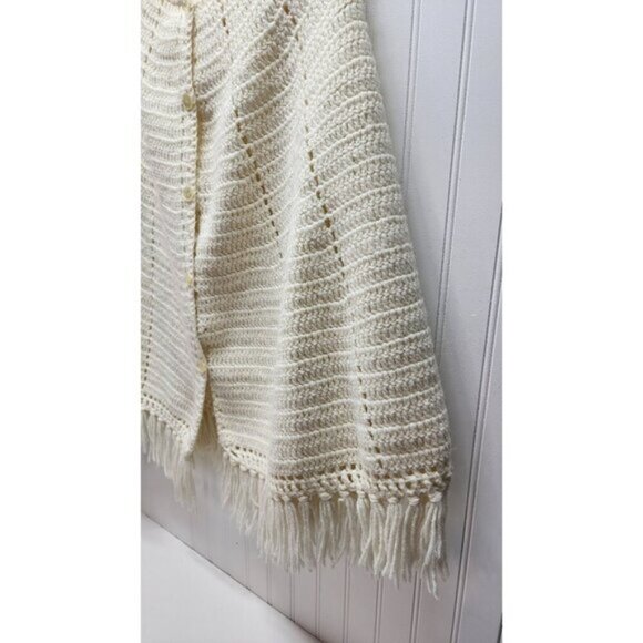 Handmade Wool Blend Crochet Cape With Fringe Trim & Button Closure - Picture 4 of 10